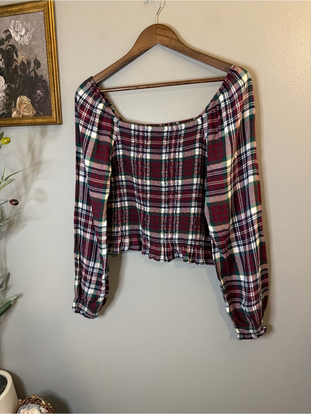 SO Goods for Life Plaid Smocked Off Shoulder Crop Top XL Cottagecore Fall - Picture 3 of 8